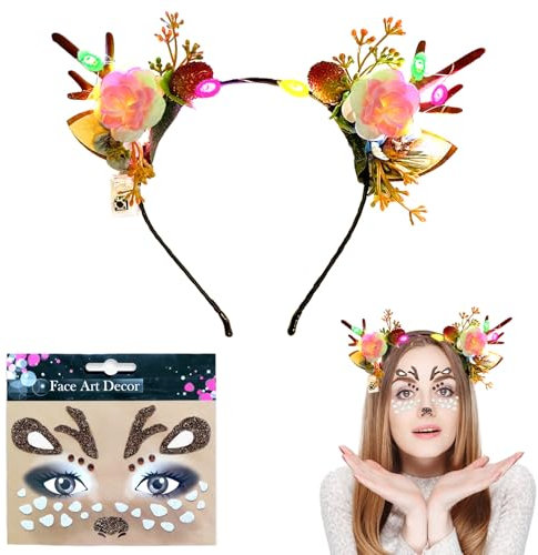 KEELYY Reh Kostüm Damen LED Rentier Haarreif reh haarreifen Fasching Beleuchtete Stirnbander Mädchen Reh kostüm Haarschmuck für Weihnachten Karneval Fasching Halloween
