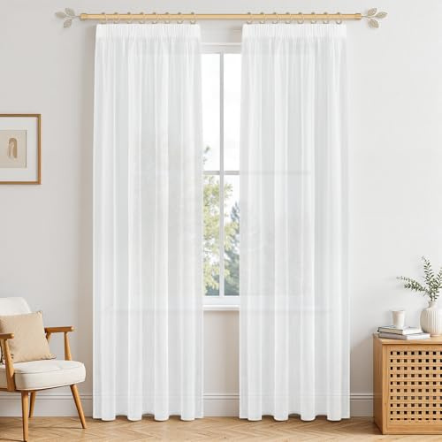 MRTREES Gardine Blanche avec Bande Fronce 140 cm de Large 230 cm de Haut, Rideau Semi-Transparent Moderne pour Salon, Chambre à Coucher, Cuisine, Chambre d'enfant, 2 pièces