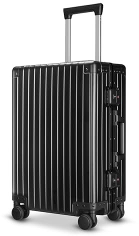 ANNI RIEL Tutti i bagagli rigidi in alluminio con serratura TSA, valigia rigida senza cerniera con ruote girevoli, valigia in alluminio controllato in metallo per viaggi, affari, Nero , 51 cm, moderno