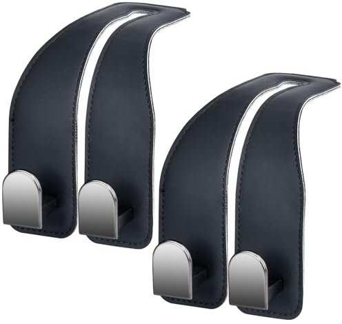 Car Hooks for Headrest, Leather Car Seat Back Storage Organizer Interior Accessories, More Wide & Deep Auto Seat Hook Hangers for Purse Umbrellas Handbag Clothes Coats Grocery Bags (Black-2 Pack)