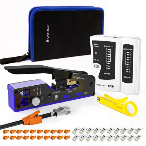 VCELINK Netzwerk Werkzeug Set, RJ45 Crimpzange mit 20 x RJ45 Stecker Cat7/Cat6a Pass Through, Netzwerktester, Abisolierzange, Profi RJ45/RJ11/RJ12 Reparaturwerkzeuge, Stofftasche