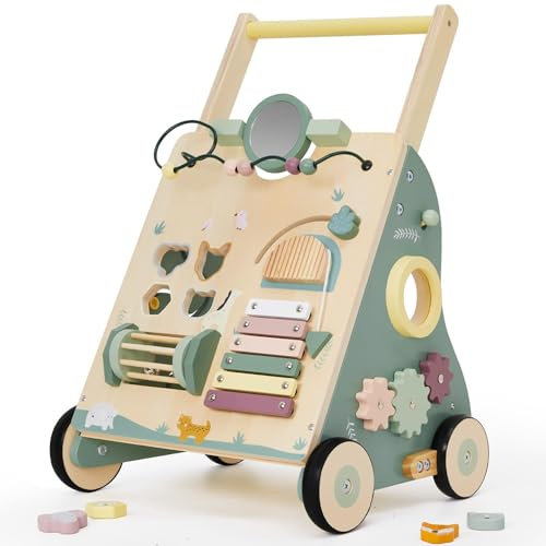 Labebe Lauflernwagen holz, 8-in-1 Verwendung als Laufwagen, Baby Lauflernhilfe Holz mit gummierten Holzrädern und Activity Center, Gehfrei Lauflernhilfe Baby/Lauflernhilfe Holz/Gehhilfe Holz