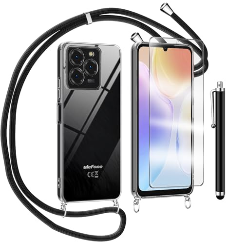 TTSWJBD Handykette für Ulefone Note 20 Pro Hülle mit Displayschutzfolie Schutzfolie, Necklace Handyhülle mit Abnehmbar Kordel zum Umhängen Transparent Silikon Schutzhülle mit Band in Schwarz