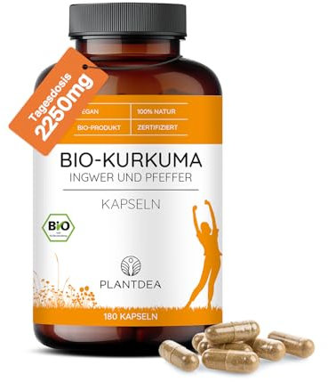 PlantDEA Bio Kurkuma Ingwer Kapseln mit Piperin I 2250mg Tagesdosis I 180 Bio Kapseln hochdosiert I laborgeprüft I veganes Pulver ohne Zusätze
