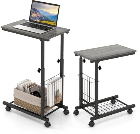GYMAX C-förmiger Beistelltisch, höhenverstellbarer Laptoptisch mit Rollen, Sofatisch mit Seiten- & Unterablage aus Gitter, Stehtisch für Laptop & Zeitschrift, 50 x 30 x 80 cm (Grau)