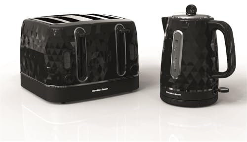 Hamilton Beach Kettle and Toaster Set, Electric Kettle, 1.7L, Toaster 4 Slice, Diamond Textured, Boil Dry Protection, Space Saving, 7 Browning Levels, Defrost, Reheat & Cancel, Black - HB83593221BST