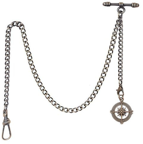 DerMacht Pocket Watch Chain Double Albert Chain T-Bar Watch Chain with Compass Rudder Pendant Bronze