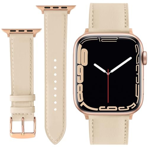 ONET8O Leather Strap Compatible with Apple Watch 38mm 40mm 41mm Replacement Genuine Leather Bands for iWatch Series Women and Men Watch Wristband (38mm 40mm 41mm) Beige