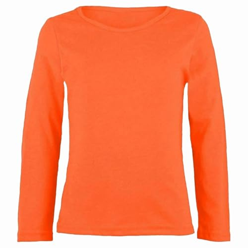 FASHION SOUL Kids Plain Long Sleeve T-Shirt | Unisex Boys Girls Round Neck Stretch School Uniform PE Tee Top Ages 2-13 Years Neon Orange