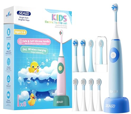 Seago Elektrische Zahnbürste Kinder für 5-8 Jahre, Schallzahnbürste mit 8 Ersatzköpfen, Kabellose Ladestation, 70 Tage lange Akkuleistung, IPX7 Wasserdicht, BPA-frei SG-2731(Blau)