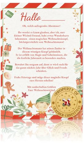 Snyvpra Wichtel Geschenke Set – Magischer Weihnachtsknopf mit Wichtel Brief, Holzknopf, Rotseil und Karton, Zubehör für Kinder