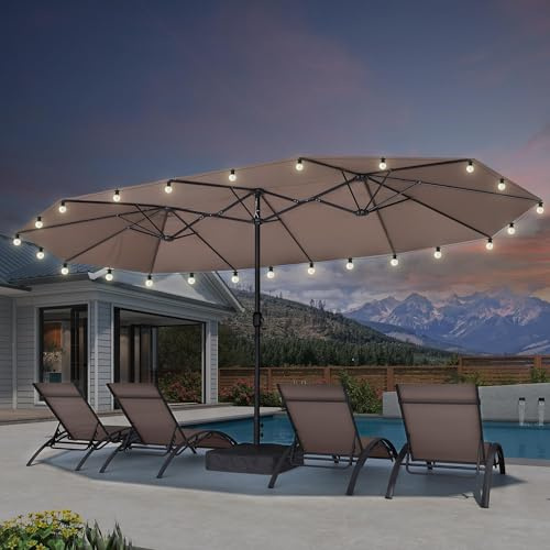 PURPLE LEAF Sonnenschirmm 455 x 270 cm mit Lichterkette und Ständer Doppelsonnenschir Groß Rechteckig UV Schutz Gartenschirm mit Kurbel Wasserabweisend Marktschirm Terrassenschirm für Garten, Taupe