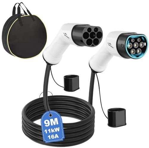TopAutoGear Typ 2 Ladekabel 11kW 9m 16A 3-Phasen Mode 3 Ladekabel Typ 2 mit Tragetasche für EV/PHEV - E-Auto geeignet für Model X/Y/S/3, e-Golf, ID.3, i3/i8, IP65 wasserdicht