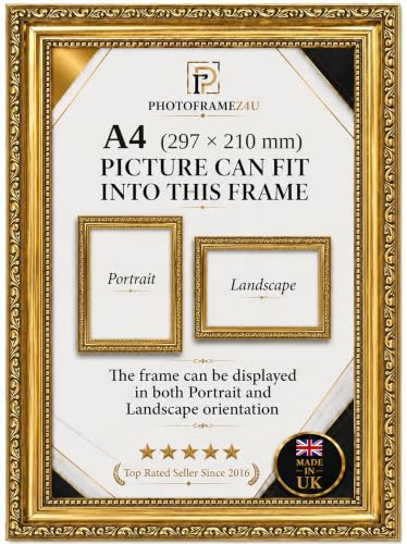 Ornate gold picture frame for A4(297x210) mm Picture | Photo frame for wall hanging and tabletop | Perfect for Posters, Artwork and Jigsaw Puzzles.