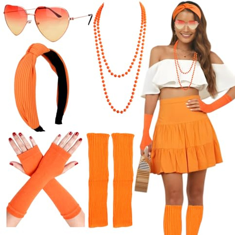 Aperol Kostüm Damen,5 Stück Aperol Accessoires,Orangen Kostüm Zubehör Mit Herzbrille Stulpen Orange Pulswärmer Haarreif Halskette,Faschingskostüme Damen,Geeignet Für Partys Mit Motto, Karneval