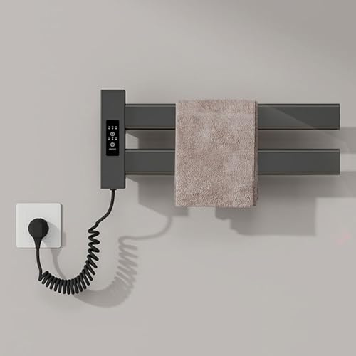 HRSMTY Toallero Electrico de Pared 450x180mm Radiador Electrico Bajo Consumo 50W Toallero de Paneles Radiador Calefactor para Baño con 2 Barras de Aluminio IP45 Temporizador Temperatura Ajustable