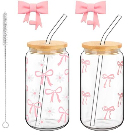 Aesthetic Bicchiere di Vetro, 2 Tazza in Vetro con Fiocco con Coperchio e Cannuccia 500 ml, Bicchiere con Fiocco Riutilizzabile, Bicchieri con Spazzola per la Pulizia, per Succhi, Smoothie (Rosa)