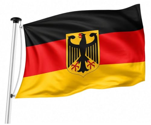 Deutschland Flagge mit Adler 90x150 cm – Deutschlandfahne mit 2 Messingösen zum Aufhängen, wetterfest & reißfest aus Polyester, doppelt genäht – Fahne für WM 2026, Public Viewing, Garten & Balkon