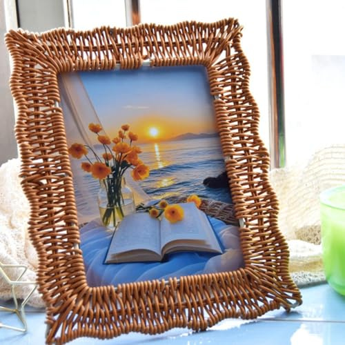 Auratrove Handgefertigter Boho-Rattan-Bilderrahmen, Set mit 2 Rattan-Bilderrahmen für 12,7 x 17,8 cm, braune Kunststoffdekoration für Bauernhaus, Küste, Zuhause, Büro, Wand