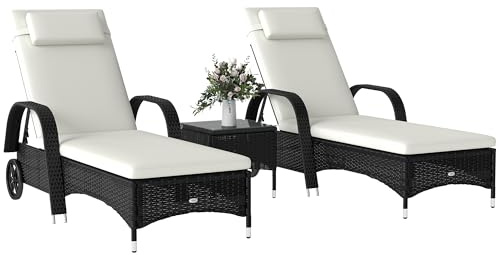 Outsunny Set de 2 Tumbonas Chaise Longue + 1 Mesa de Ratan para Jardín o Terraza Sillas con Cojín y Respaldo Ajustable a 5 Niveles (Negro)