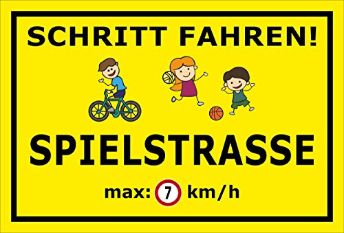 Melis-Folienwerkstatt Schild Schritt Fahren - Spielstrasse - max 7 km/h – 30x20 cm – Aufkleber – mehrere Größen/Materialien