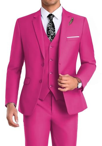 Mrbuerly Men Suit 3 Pieces Slim Fit, 2 Buttons Groomsmen Business Jacket Vest Pant Prom Tuxedo with Tie, Fuchsia, L
