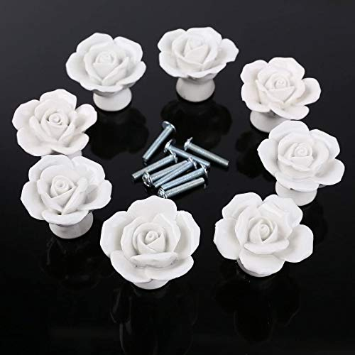 Auped Boutons de Cuisine en Céramique - Pack de 8 Poignées de Meuble Rétro avec Motif Floral - Blanc Brillant - Pour Armoires, Tiroirs de Cuisine et Salle de Bain