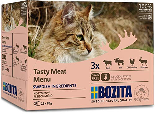 BOZITA Multibox Mixpack Rentier, Rind, Elch, Hühnchenleber Häppchen in GELEE 12x85g Pouch Portionsbeutel - getreidefreies Nassfutter für erwachsene Katzen