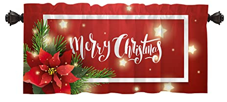 Batmerry 2 rote Weihnachtsblumen-Volants, halbe Fenstervorhänge, Vintage-Weihnachten, roter Weihnachtsstern, Winterpflanze, Volant für Dekoration, reduziert das Licht 132x45 cm