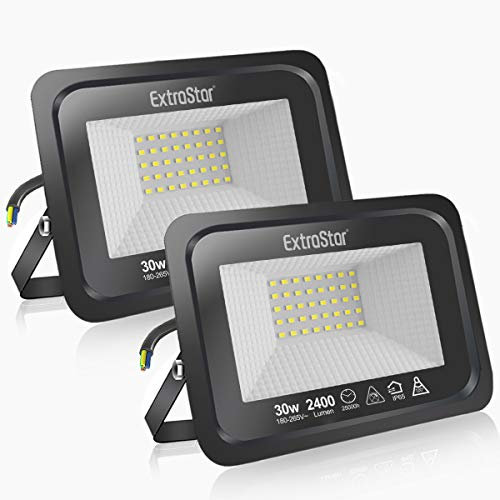 EXTRASTAR 30W LED Floodlight Outdoor, 2550LM Super Bright LED Security Lights, IP65 Waterproof Flood Light Wall Lights for Garden, Garage, Warehouse, Backyard and More - 6500K Daylight, 2 Pack