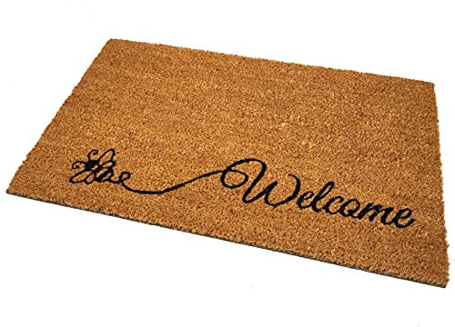 Black Ginger Large, Thick, Decorative, Patterned Coir Door Mats with Nature Designs (Bumble Bee Welcome)
