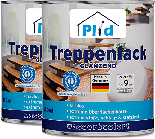 PLID® Treppen - Klarlack - glänzend - zum Versiegeln von Kork- Parkett & Holzfußböden, Holztreppen sowie Möbeln im Innenbereich stoß - schlagfest strapazierfähig - Made in Germany 1,5l