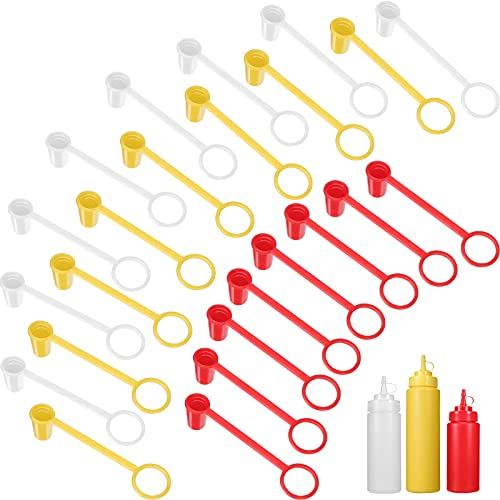 CHENGU 24 Pieces Squeeze Bottle Caps with Twist on Cap Lids Plastic Cover Colorful Ketchup Lid for Ketchup Olive Oil Bottle, Red, Yellow, Transparent