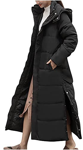Daunenjacke mit Kapuze Damen Langer Warmer wattierter Mantel Einfarbige Winterjacke Knöchellange geschlitzte Steppjacke Daunenjacke mit Rollkragen Wintermantel Bomberjacken Übergangsjacke