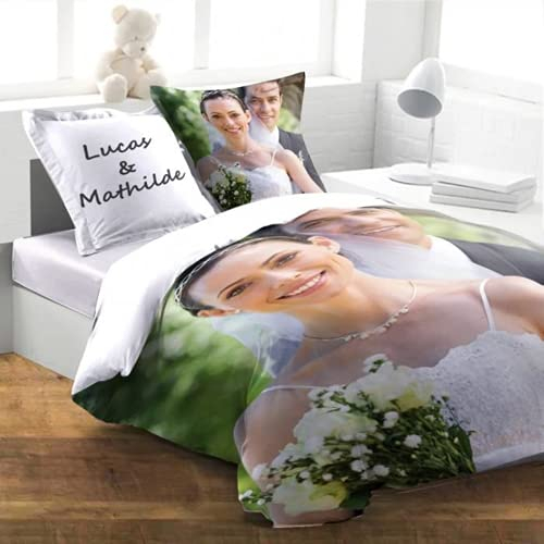 Xie Personalisierte Bettwäsche, Eigenes Foto Custom Bettbezug Kissenbezüge, Personalisiert für Kinder, Hochzeit, Weihnachten Bedding Set (35x78/90x200)