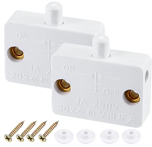 sourcing map Cabinet Lamp Switch AC 250V 1A Momentary Normally Closed Door Wardrobe Touch for Household Furniture Cupboard Closet, White Pack of 2