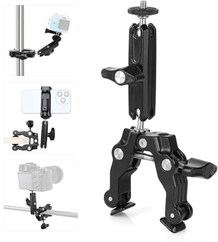 UTEBIT Magic Arm Super Clamp Klemme Krebsscherenklammern Action Kamera Halterung mit 360° Kugelkopfarm mit 1/4 Schraube und 3/8 Gewinde-Loch, Handy KameraHalterung Kompatibel für GoPro