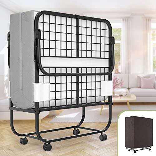 Unikito Klappbett mit Matratze für Erwachsene, tragbares Roll-Gästebett, Kinderbettgröße, faltbares Bett mit 12,7 cm Memory-Schaum-Matratze und Metallrahmen, rollbares Bett mit Stauraum, 190 x 78 cm