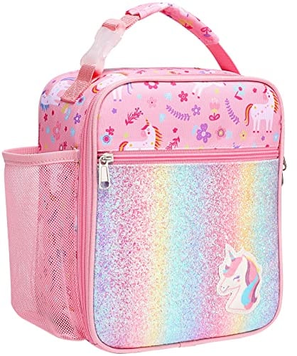 Bagseri Lunch Bag for Girls - Insulated Kids Lunch Box for School Portable Reusable Toddler Cooler Lunch Bag with Bottle Holder and Water-Resistant Lining, Glitter Pink Unicorn