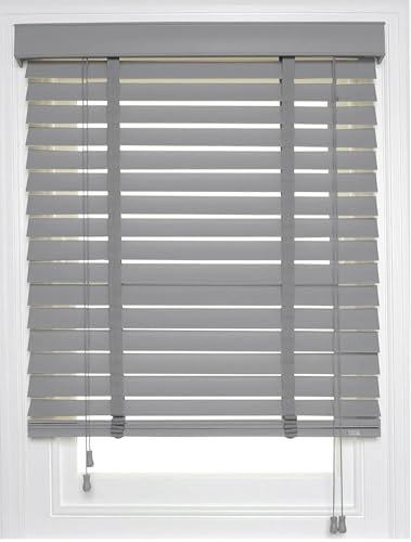 Venetian Faux Wood Blind wooden Venetian Blinds With Tape 50mm Slats TRIMMABLE Fauxwood (Grey, 120cm width x 150cm drop)