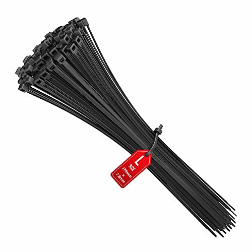 intervisio Collier de Serrage 370 mm x 7,6 mm, Attache Câble, Serre Câbles Rilsan Nylon, Colliers Serre-Cable 370mm, Noir, Lot de 100 Pièces