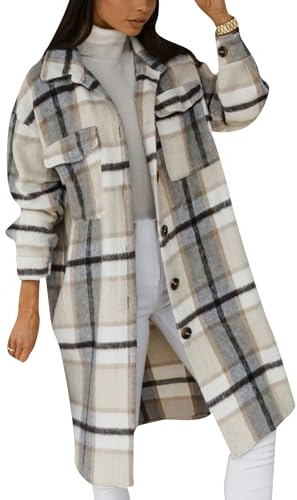 Yming Frauen Kariert Flanell Shacket Mantel Pattentasche Revers Taste Langes Hemd Mit Taschen Aprikose XL