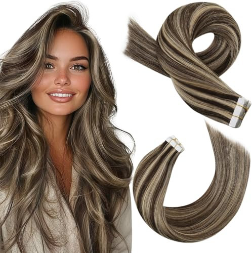 Moresoo Tape in Hair Extensions Human Hair Dark Brown with Caramel Blonde Human Invisible Skin Weft Tape Hair Extensions Full Head 20 inch for Daily Party Wedding Use 20pcs/50G #P4/27