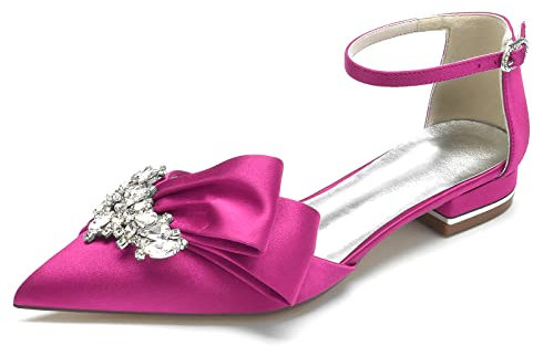 Delle donne alla caviglia Strap ballerine a punta in raso strass appartamenti da sposa festa pompe da sposa scarpe da corte punta chiusa, Fucsia, 42 EU