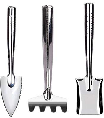 3 Stück Gartengeräte Set Edelstahl, Mini Pflanze Gartenwerkzeug Klein Schaufel Spaten Rechen, Blumen Topfblumen Bonsai Gartenset Werkzeug
