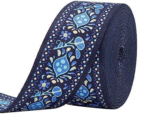 FINGERINSPIRE 4.5 m Vintage Jacquard Bandbesatz 38 mm Königsblau Ethno Stil Stickerei Polyesterbänder Blumenmuster Nähen Dekorativer Besatz DIY Bastelzubehör Für Stoff Heimdekoration