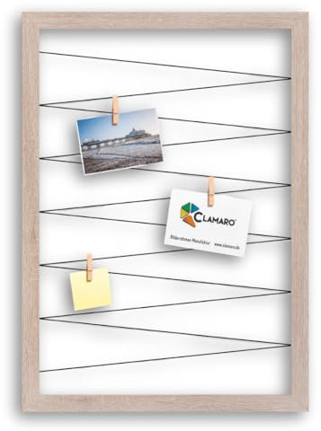 CLAMARO 'Collage Flex' Fotohalter 65x85 cm | Eiche Sonoma | Bilderrahmen Fotorahmen Collage mit Gummibändern und Foto Holzklammern | Ideal als Galerie für Fotos oder Postkarten