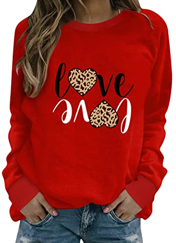QWUVEDS Damen-Top mit süßem Druck, langärmliges Valentinstag-Sweatshirt, lässige Bluse, Pullover, lässiges Top-Shirt Langlaufski Set Damen Klassisch Komplett (Red, XXL)