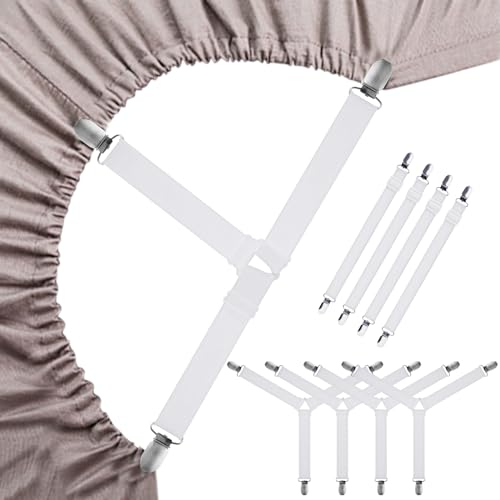GeeRic Lot de 8 Pinces pour Drap de Lit, 4 Y-Forme Sangles pour Drap de Lit, 4 Sangles élastiques Réglables, Pinces Robustes pour Drap de Lit pour Matelas, Blanc