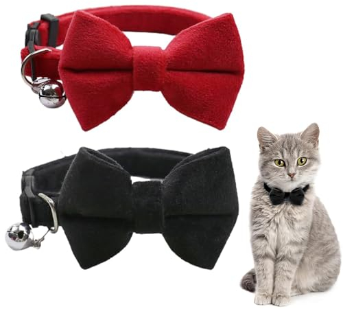 RTRTGS 2 Stück Samt Katzenhalsband mit Glöckchen und Fliege verstellbar für kleine Welpen Sicherheitsfliege einfarbig für Hochzeiten Grundfarbe Katzen-Fliege